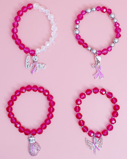 Breast Cancer Pink Glass Bead Fight 4 Pc Bracelets