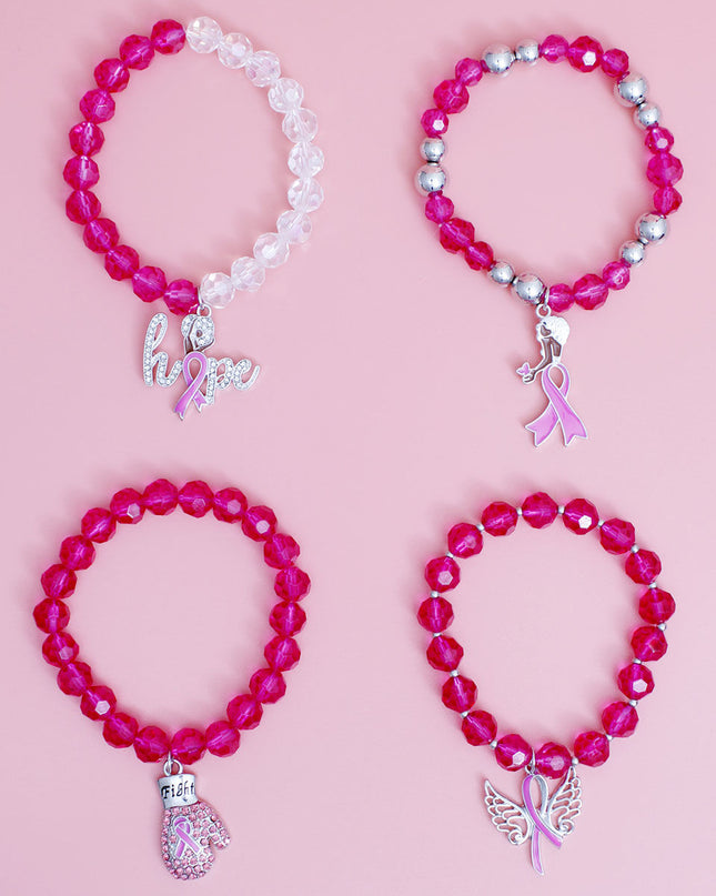 Breast Cancer Pink Glass Bead Fight 4 Pc Bracelets