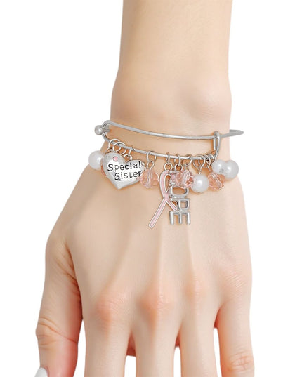 Breast Cancer Silver Wire Light Pink Charm Bangle
