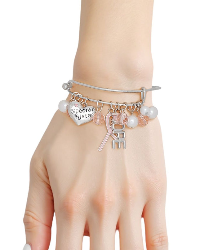 Breast Cancer Silver Wire Light Pink Charm Bangle