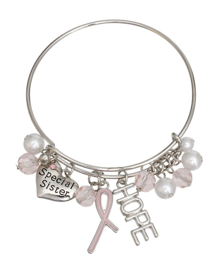Breast Cancer Silver Wire Light Pink Charm Bangle