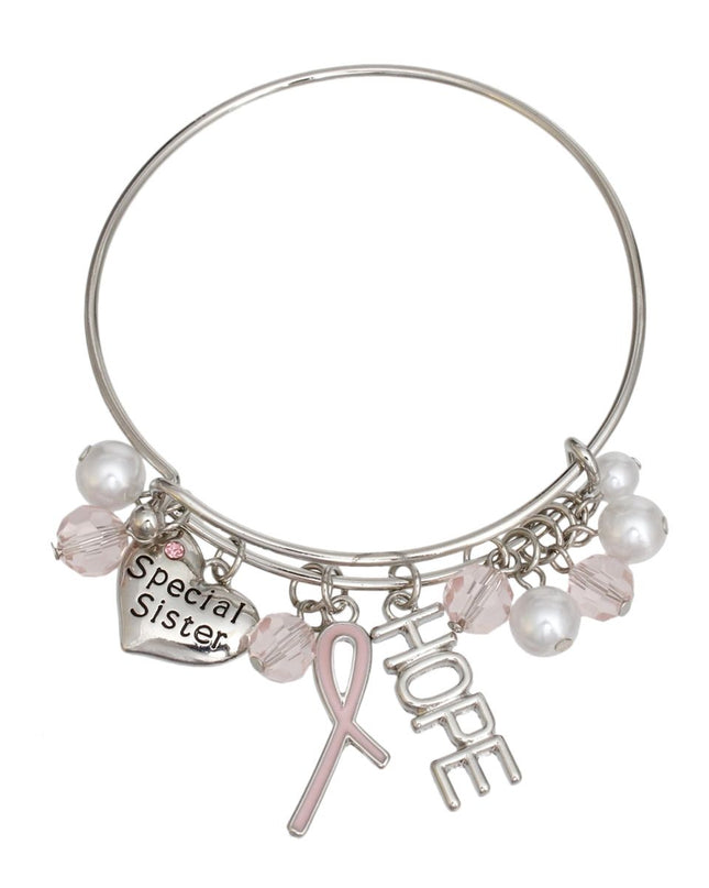 Breast Cancer Silver Wire Light Pink Charm Bangle