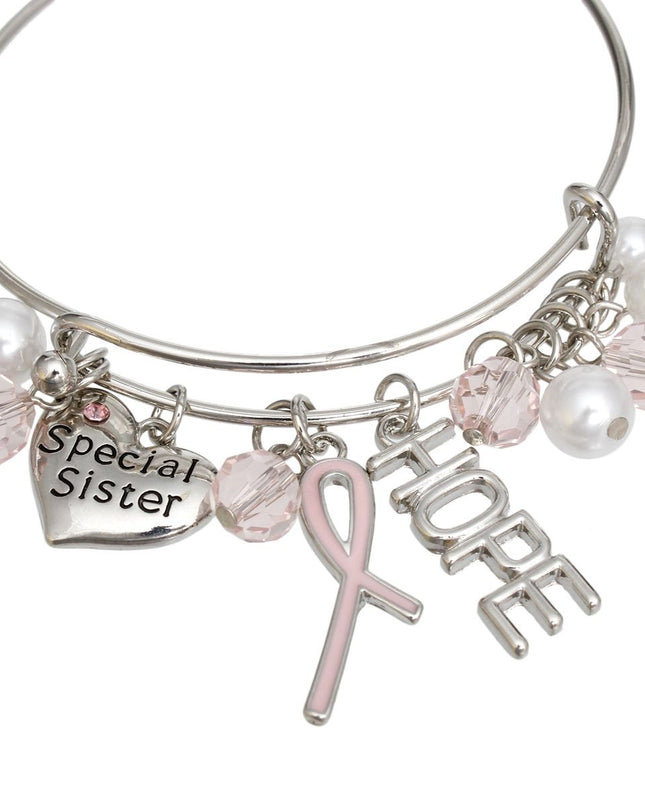 Breast Cancer Silver Wire Light Pink Charm Bangle