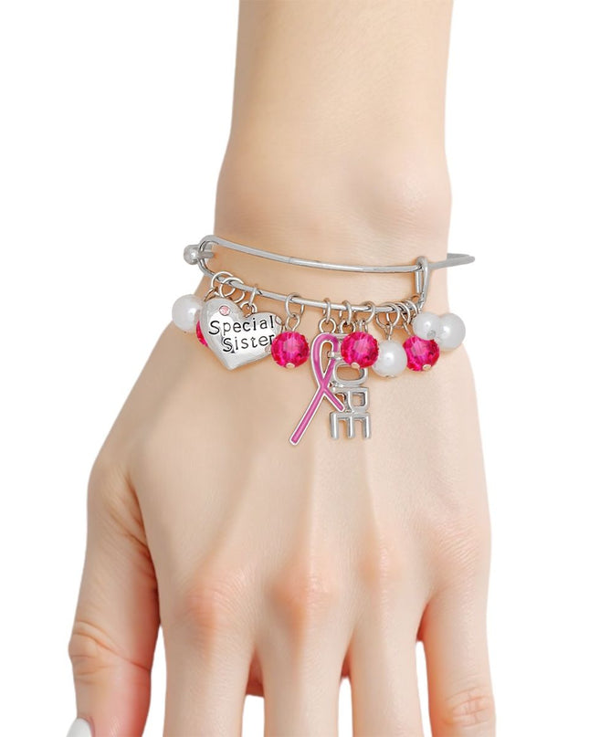Breast Cancer Silver Wire Pink Charm Bangle