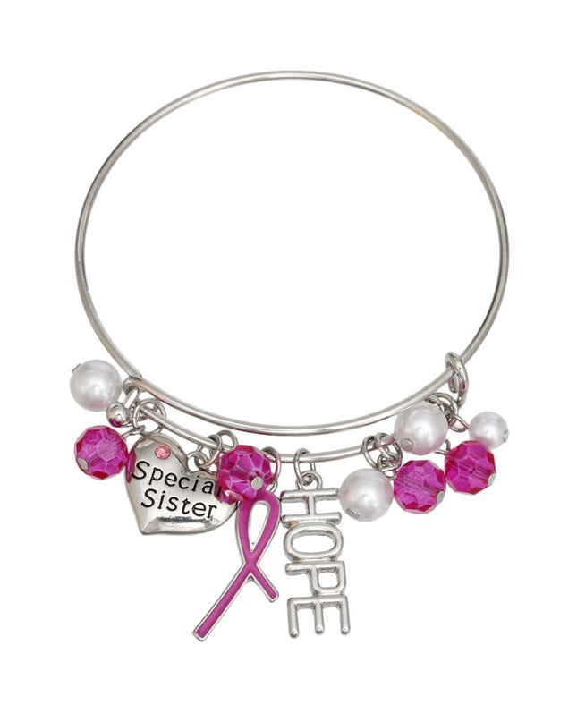 Breast Cancer Silver Wire Pink Charm Bangle