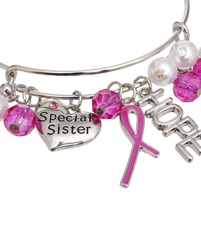 Breast Cancer Silver Wire Pink Charm Bangle