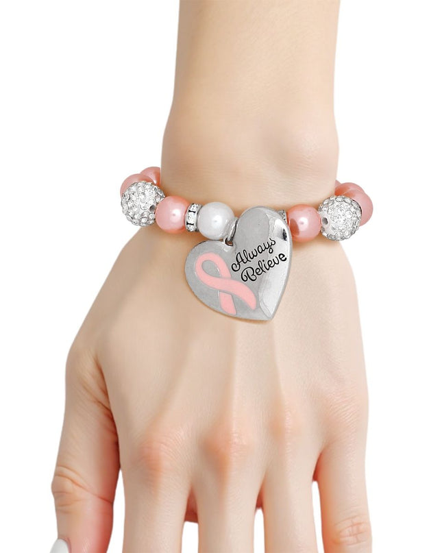 Breast Cancer Light Pink Pearl Heart Charm Bracelet