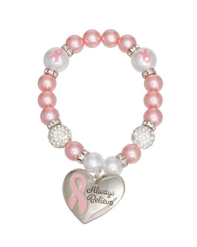Breast Cancer Light Pink Pearl Heart Charm Bracelet