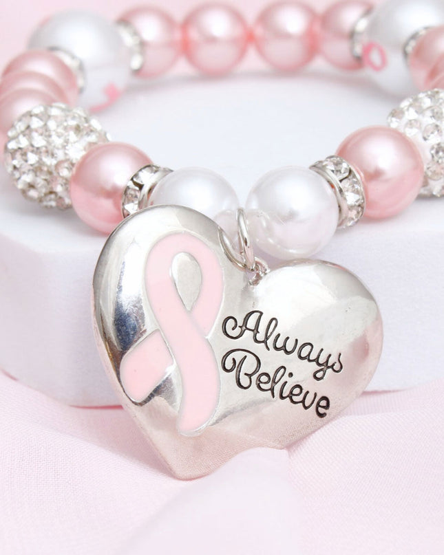 Breast Cancer Light Pink Pearl Heart Charm Bracelet