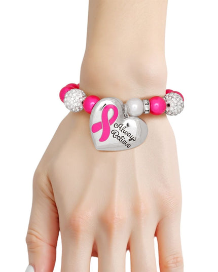 Breast Cancer Pink Pearl Heart Charm Bracelet
