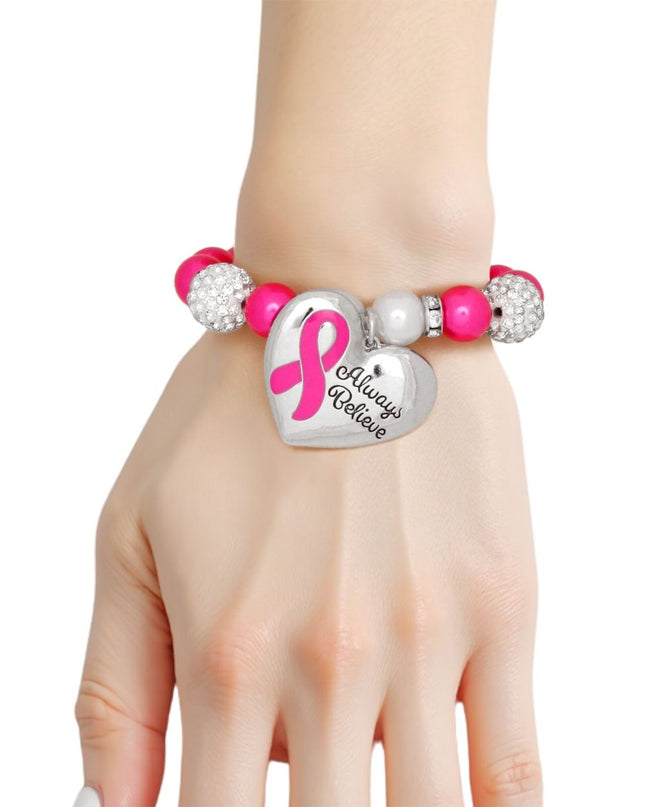 Breast Cancer Pink Pearl Heart Charm Bracelet