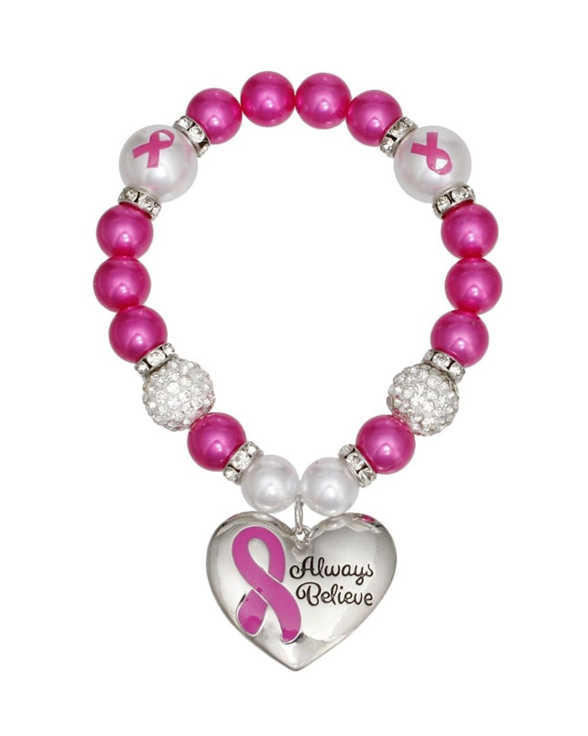 Breast Cancer Pink Pearl Heart Charm Bracelet