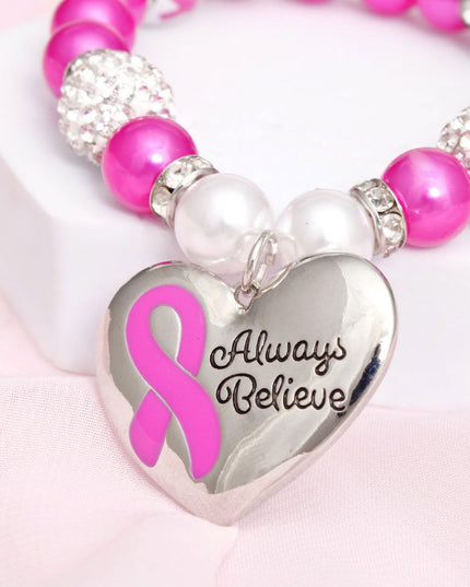 Breast Cancer Pink Pearl Heart Charm Bracelet