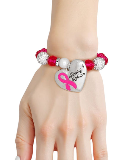 Breast Cancer Pink Glass Bead Heart Charm Bracelet