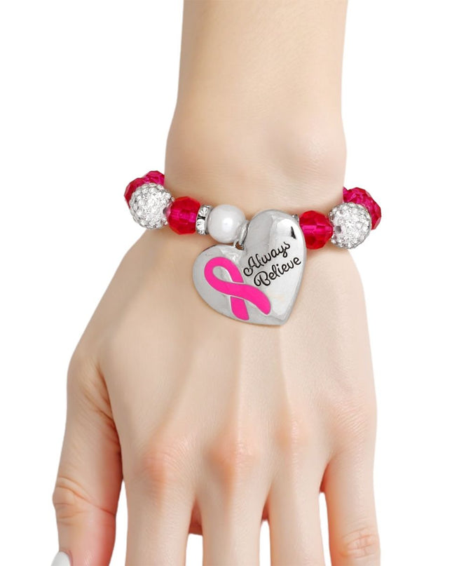Breast Cancer Pink Glass Bead Heart Charm Bracelet