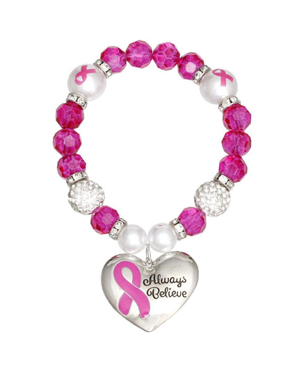 Breast Cancer Pink Glass Bead Heart Charm Bracelet