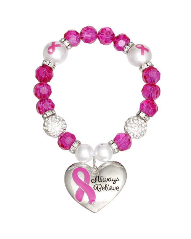 Breast Cancer Pink Glass Bead Heart Charm Bracelet