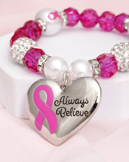 Breast Cancer Pink Glass Bead Heart Charm Bracelet