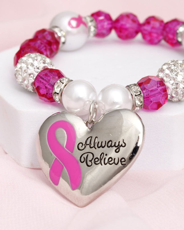 Breast Cancer Pink Glass Bead Heart Charm Bracelet
