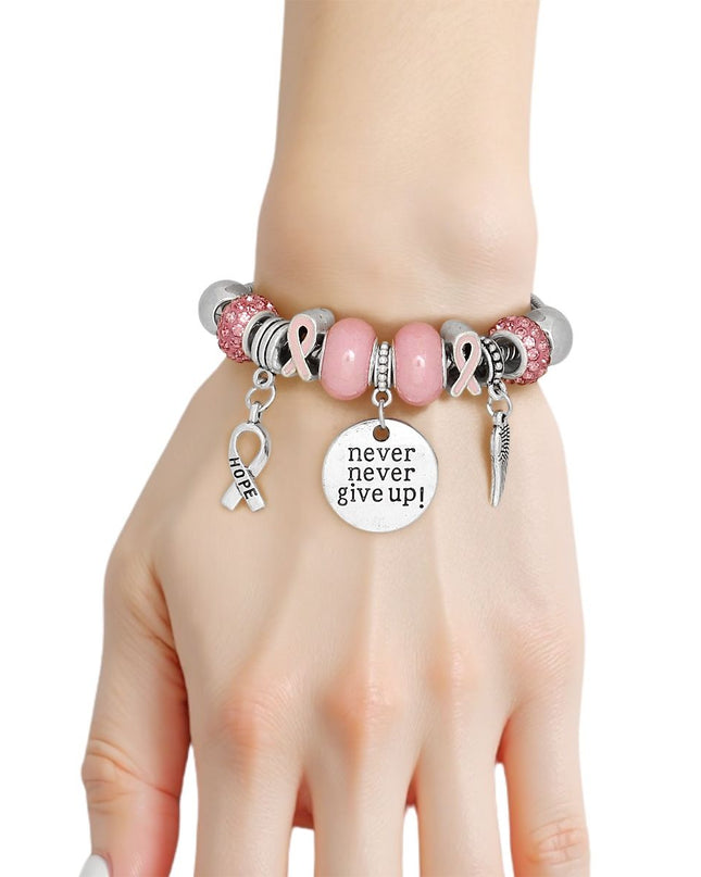 Breast Cancer Silver Never Give Up Charm Bracelet