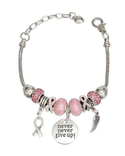 Breast Cancer Silver Never Give Up Charm Bracelet