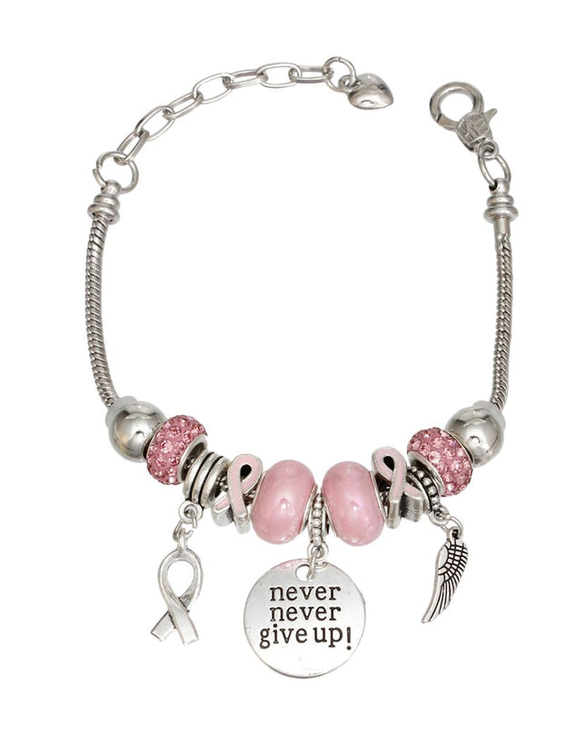 Breast Cancer Silver Never Give Up Charm Bracelet