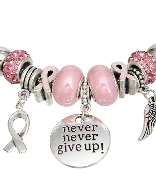 Breast Cancer Silver Never Give Up Charm Bracelet