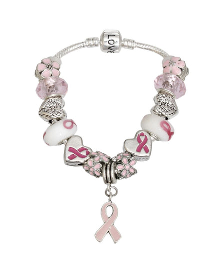 Breast Cancer Silver Hope Ribbon Charm Bracelet
