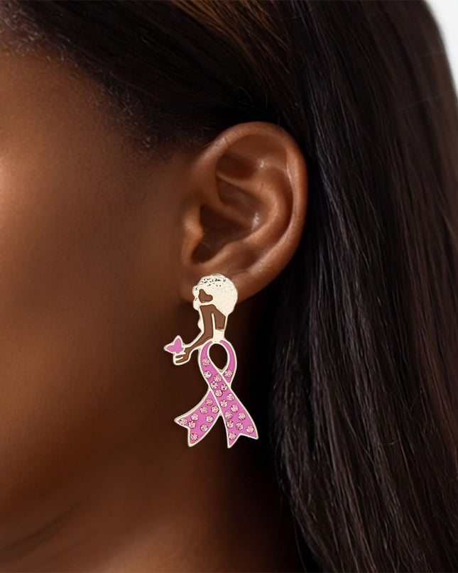 Breast Cancer Stud Gold Pink Ribbon Leg Earrings