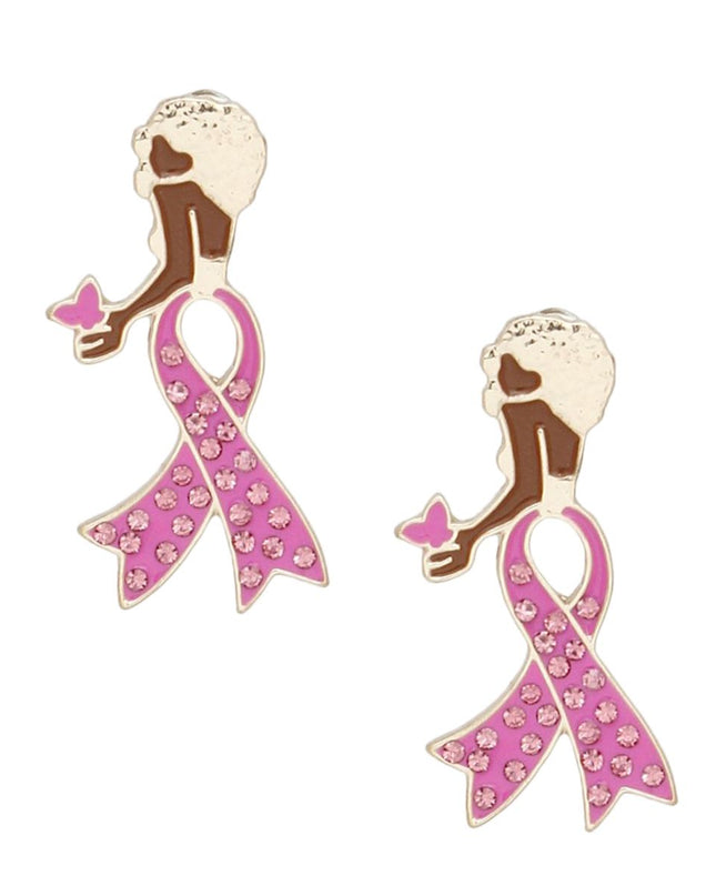 Breast Cancer Stud Gold Pink Ribbon Leg Earrings