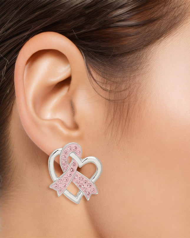 Breast Cancer Silver Light Pink Ribbon Loop Studs