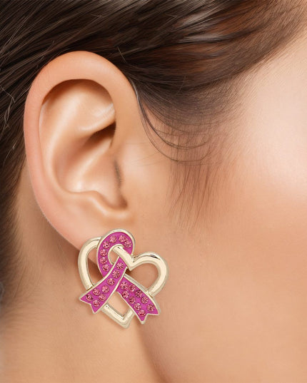 Breast Cancer Gold Pink Ribbon Loop Stud Earrings