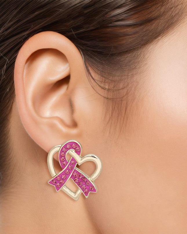 Breast Cancer Gold Pink Ribbon Loop Stud Earrings