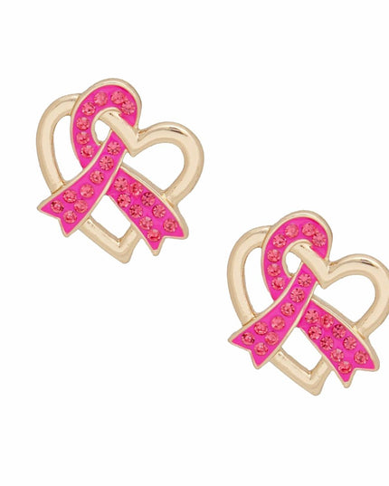 Breast Cancer Gold Pink Ribbon Loop Stud Earrings
