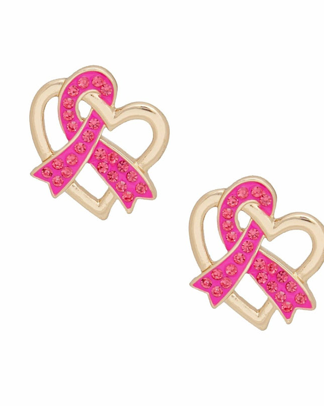 Breast Cancer Gold Pink Ribbon Loop Stud Earrings