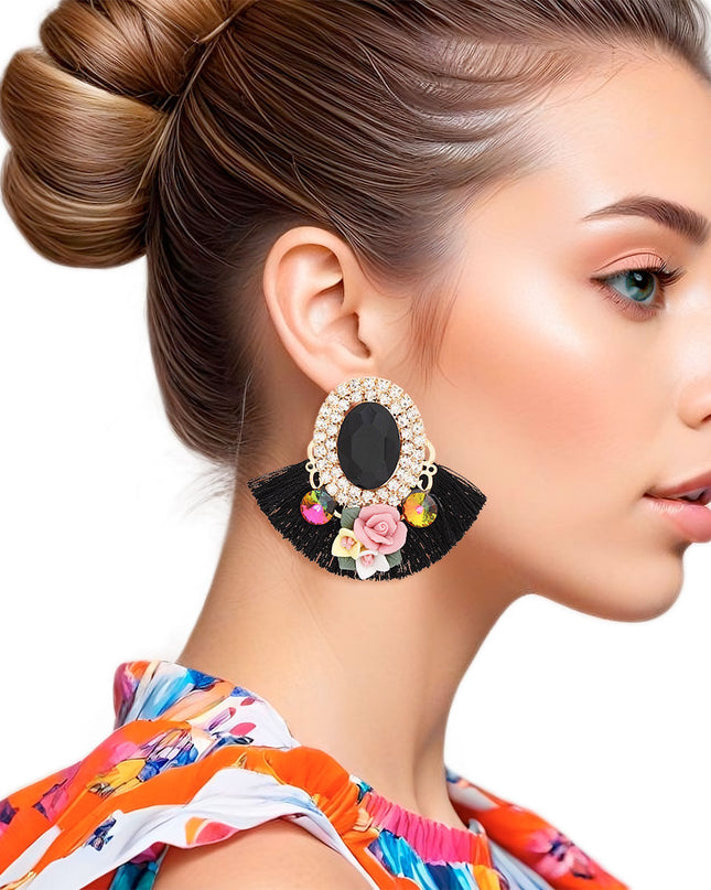 Studs Black Crystal Fan Tassel Floral Earrings
