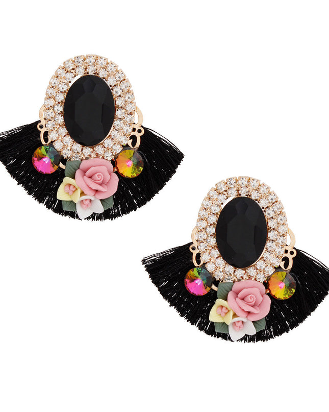Studs Black Crystal Fan Tassel Floral Earrings