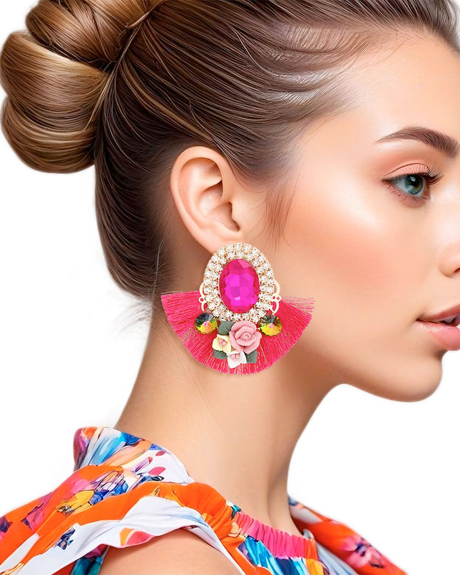 Studs Fuchsia Crystal Fan Tassel Floral Earrings