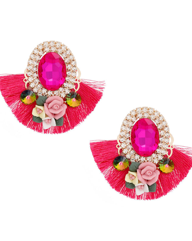 Studs Fuchsia Crystal Fan Tassel Floral Earrings
