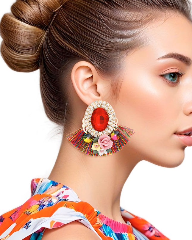 Studs Multicolor Crystal Fan Tassel Floral Earrings