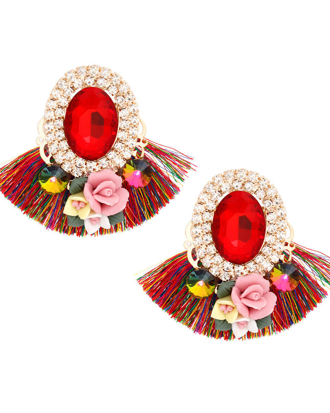 Studs Multicolor Crystal Fan Tassel Floral Earrings