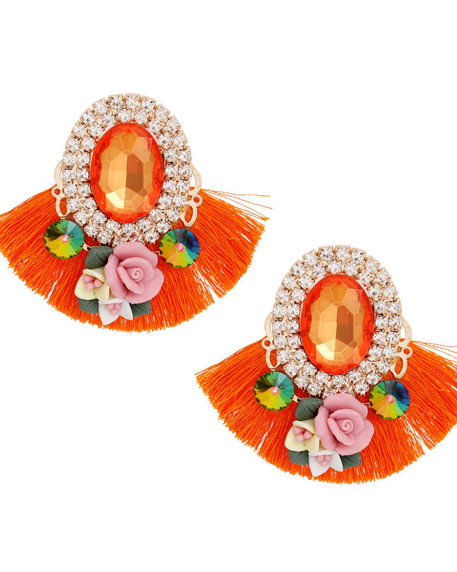 Studs Orange Crystal Fan Tassel Floral Earrings