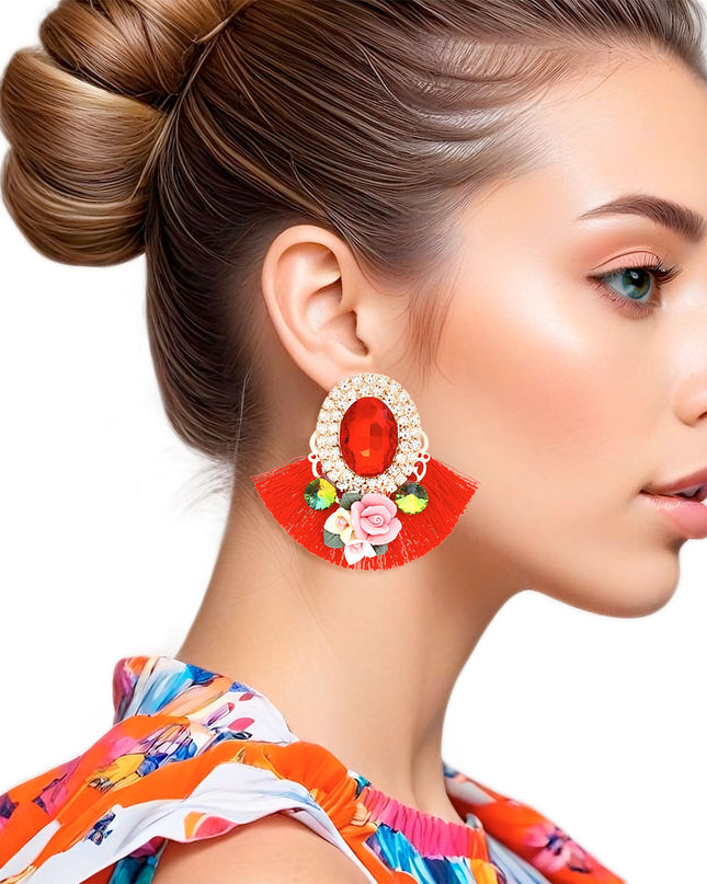 Studs Red Crystal Fan Tassel Floral Earrings
