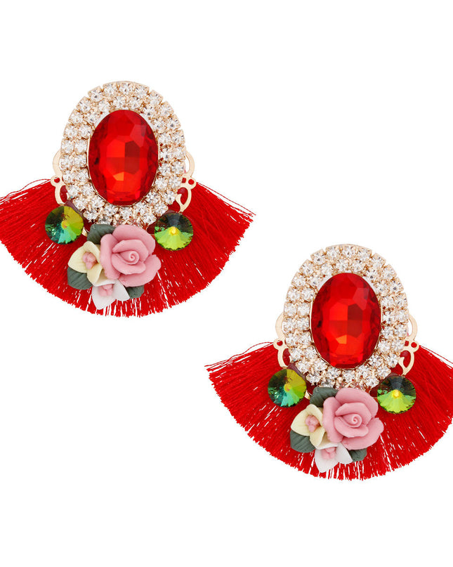 Studs Red Crystal Fan Tassel Floral Earrings