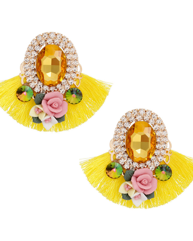 Studs Yellow Crystal Fan Tassel Floral Earrings