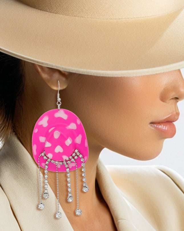 Fish Hook Fuchsia White Cowgirl Hat Fringe Earring