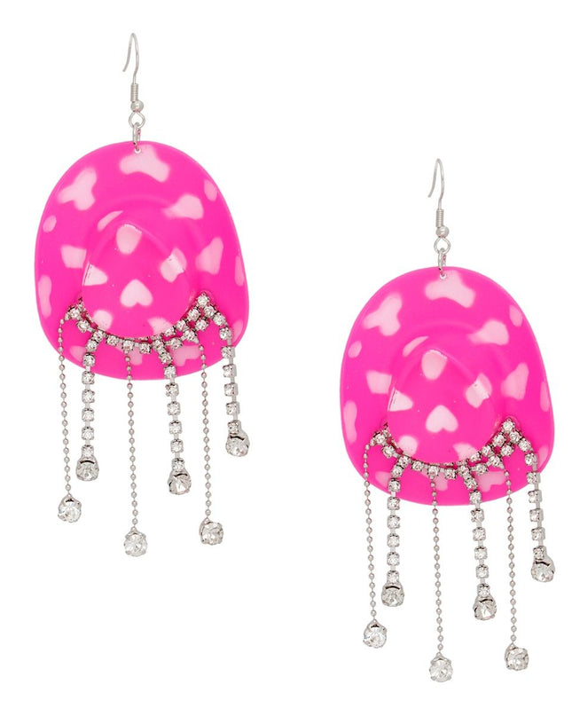 Fish Hook Fuchsia White Cowgirl Hat Fringe Earring