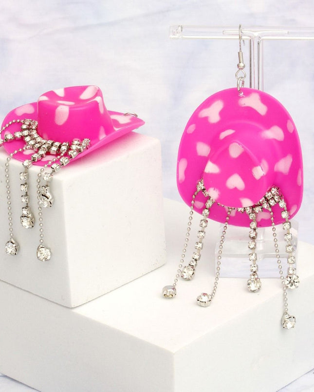 Fish Hook Fuchsia White Cowgirl Hat Fringe Earring