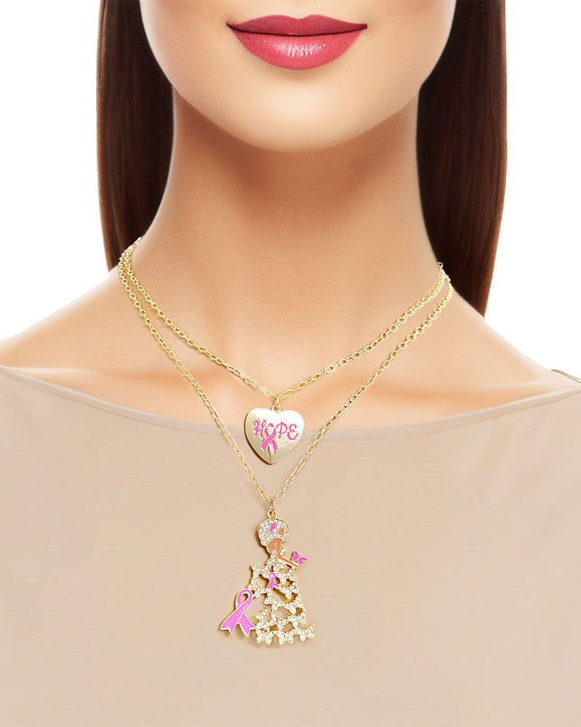 Breast Cancer Gold Chain 2 Pcs Pink Ribbon Pendants