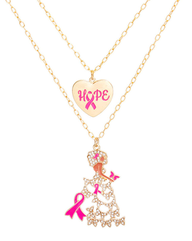 Breast Cancer Gold Chain 2 Pcs Pink Ribbon Pendants